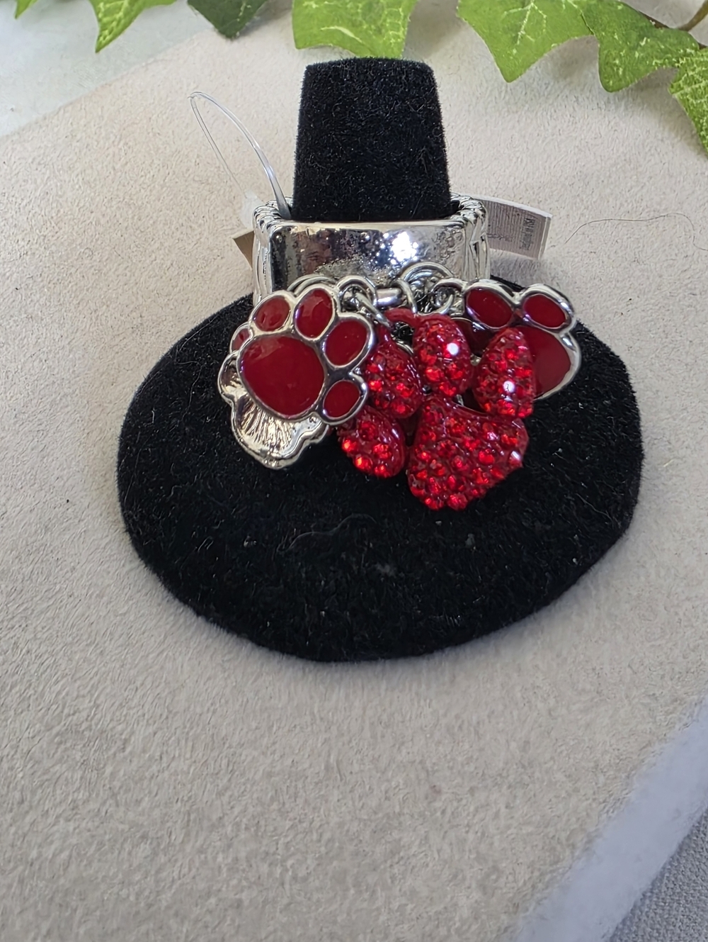 Silver Stretch To Fit Ring with Red Paw Print Charms and Rhinestone